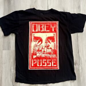 Vintage 00s OBEY Big Red Logo Andre the Giant and City Black Tee Shirt Men Sz M